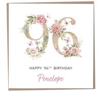 Personalised 96th Birthday Card for Women, Luxury Flower & Butterfly Design with Customised Name, Special Milestone Keepsake Gift, Cute Contemporary Handmade Customizable Age 96 Cards, Glitter Effect