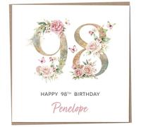 Personalised 98th Birthday Card for Women, Luxury Flower & Butterfly Design with Customised Name, Special Milestone Keepsake Gift, Cute Contemporary Handmade Customizable Age 98 Cards, Glitter Effect