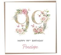Personalised 99th Birthday Card for Women, Luxury Flower & Butterfly Design with Customised Name, Special Milestone Keepsake Gift, Cute Contemporary Handmade Customizable Age 99 Cards, Glitter Effect