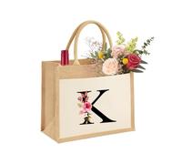Personalised A-Z Bag for Women, Mum, Sister, Girlfriends and Bridesmaids, Sustainable Jute Bag, Make-Up Gift Bag, Jute Bag, Shopping Bag Made of 100% Jute and Cotton, Letter K, S