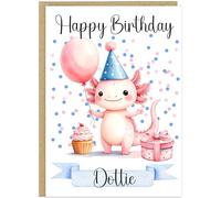 Personalised A5 Boys Axolotl Happy Birthday Cards - Custom Add Own Name With 7 Fun Quote Designs Balloons Superhero Gaming - Cute Axolotl Happy Birthday Greeting Cards (Party)