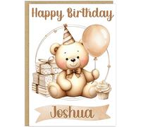 Personalised A5 Neutral Teddy Bear Birthday Cards for Kids Boys Girls - Gender Neutral Custom Own Name 7 Happy Birthday Designs Car Plane Cloud Moon Presents Balloons (Balloons & presents)