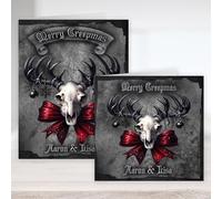 Personalised - A5 or Square Black Gothic Stag Skull Merry Creepmas Christmas Card. Embrace the Dark Side This Holiday Season with Gothic Christmas Cards! Printed in full colour inside.