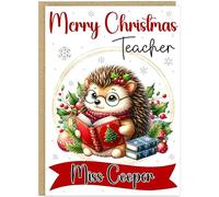 Personalised A5 Teacher Merry Christmas Cards - Custom Own Name & Profession Cute Animal Reading Book Theme Greeting Cards for Teaching Assistants & Teachers (Hedgehog)