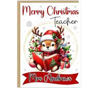 Personalised A5 Teacher Merry Christmas Cards - Custom Own Name & Profession Cute Animal Reading Book Theme Greeting Cards for Teaching Assistants & Teachers (Reindeer)