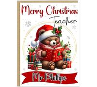 Personalised A5 Teacher Merry Christmas Cards - Custom Own Name & Profession Cute Animal Reading Book Theme Greeting Cards for Teaching Assistants & Teachers (Bear)