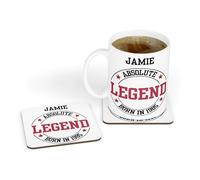 Personalised Absolute Legend Born in 1985 40th Birthday Design Ceramic Tea & Coffee Mug & Coaster Gift Set for Son|Daughter|Mum|Dad|Friend 18th 21st 30th 50th 60th 65th 70th 80th