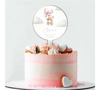 Personalised Acrylic Bear-y First Birthday Cake Topper Teddy Bear Balloons - Add Your Own Custom Wording Include Name, Age & Date in Beige Blue Pink Decorative Topper (Pink)