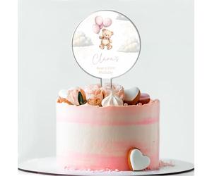 Personalised Acrylic Bear-y First Birthday Cake Topper Teddy Bear Balloons - Add Your Own Custom Wording Include Name, Age & Date in Beige Blue Pink Decorative Topper (Pink)