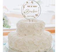 Personalised Acrylic Cake Topper for All Marriages - Custom Title, Surname & Date with Floral Gold Design - Mr & Mrs, Mr & Mr, Mrs & Mrs Keepsake