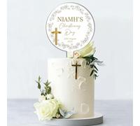 Personalised Acrylic Cake Topper for Christenings Confirmations Holy Communions - Custom Child’s Name & Date with Floral Wreath in 6 Designs (Christening Day, White Floral Wreath)
