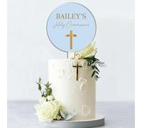 Personalised Acrylic Cake Topper for Christenings Confirmations Holy Communions - Custom Child’s Name in 7 Colours with Gold Cross Design (Holy Communion, Blue)
