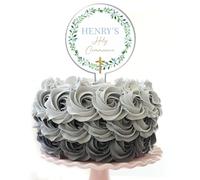 Personalised Acrylic Cake Topper for Christenings Confirmations Holy Communions - Custom Child’s Name & Date with Floral Wreath in 6 Designs (Holy Communion, Blue & Green Wreath)