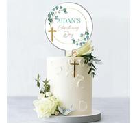 Personalised Acrylic Cake Topper for Christenings Confirmations Holy Communions - Custom Child’s Name & Date with Floral Wreath in 6 Designs (Christening Day, Green & Gold Wreath)