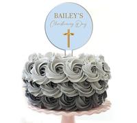 Personalised Acrylic Cake Topper for Christenings Confirmations Holy Communions - Custom Child’s Name in 7 Colours with Gold Cross Design (Christening Day, Blue)