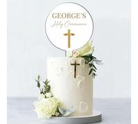 Personalised Acrylic Cake Topper for Christenings Confirmations Holy Communions - Custom Child’s Name in 7 Colours with Gold Cross Design (Holy Communion, White)