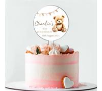 Personalised Acrylic Ceremony Cake Topper Teddy Bear Bunting - Custom Child's Name & Date for Religious Occasions Christening Baptism Communion Confirmation Keepsake (Brown, Holy Communion)