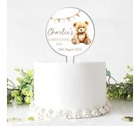 Personalised Acrylic Ceremony Cake Topper Teddy Bear Bunting - Custom Child's Name & Date for Religious Occasions Christening Baptism Communion Confirmation Keepsake (Blue, Christening Day)