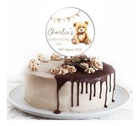 Personalised Acrylic Ceremony Cake Topper Teddy Bear Bunting - Custom Child's Name & Date for Religious Occasions Christening Baptism Communion Confirmation Keepsake (Brown, Christening Day)