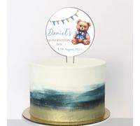Personalised Acrylic Ceremony Cake Topper Teddy Bear Bunting - Custom Child's Name & Date for Religious Occasions Christening Baptism Communion Confirmation Keepsake (Blue, Confirmation Day)