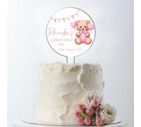 Personalised Acrylic Ceremony Cake Topper Teddy Bear Bunting - Custom Child's Name & Date for Religious Occasions Christening Baptism Communion Confirmation Keepsake (Pink, Christening Day)