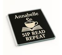 Personalised Acrylic Coaster Gift for Book Lovers and Tea Lovers - Literary Brew Design with Elegant Illustrations
