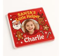 Personalised Acrylic Coaster Gift with Whimsical Christmas Design - Personalised Santa's Little Helper Photo Keepsake for Kids