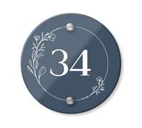 Personalised Acrylic House Sign with Floral Border Design | 150mm Round Address Plaque | Custom Printed Door Number | Weatherproof Outdoor Home Name Plate (Dark Blue)