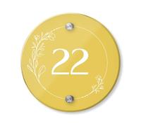 Personalised Acrylic House Sign with Floral Border Design | 150mm Round Address Plaque | Custom Printed Door Number | Weatherproof Outdoor Home Name Plate (Mustard Yellow)