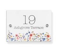 Personalised Acrylic House Sign with Wildflower Design | 210mm x 148mm Address Plaque | Custom Printed Door Number | Weatherproof Outdoor Home Name Plate (White)