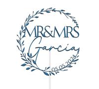 Personalised Acrylic Wedding Cake Topper by KreateSquare - Mr and Mrs Rustic Design - Customisable with Any Name and Any Date, Custom Colour - Wedding Cake Decoration (Blue)