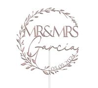 Personalised Acrylic Wedding Cake Topper by KreateSquare - Mr and Mrs Rustic Design - Customisable with Any Name and Any Date, Custom Colour - Wedding Cake Decoration (Rose Gold)