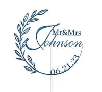 Personalised Acrylic Wedding Cake Topper by KreateSquare - Mr and Mrs Rustic Design - Customisable with Any Name and Date, Custom Colour - Wedding Cake Decoration (Blue)