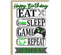 Personalised Adult Gamer Happy Birthday Cards - Gaming Quotes Mancave Consoles Controllers A5 Add Name Greetings Cards for Men Dads Brothers, 7 Fun Designs (Eat Sleep Game Green)