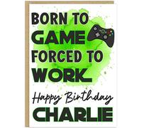 Personalised Adult Gamer Happy Birthday Cards - Gaming Quotes Mancave Consoles Controllers A5 Add Name Greetings Cards for Men Dads Brothers, 7 Fun Designs (Born to Game Green)