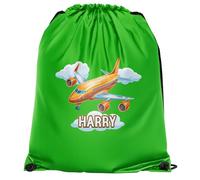 Personalised Aeroplane Boys Drawstring Bag Kids Custom Name Airliner Back to School PE Sports Bag, One Size, Lime Green