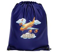 Personalised Aeroplane Boys Drawstring Bag Kids Custom Name Airliner Back to School PE Sports Bag, One Size, Navy