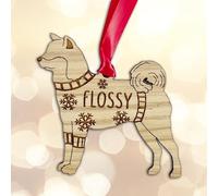 Personalised Akita Dog Christmas Tree Bauble Decoration, Wearing a Dog Jumper Design with Snowflakes, Customised Puppy Hanging Ornament, Oak Veneer Wood with Red Ribbon