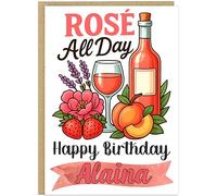 Personalised Alcohol Themed Birthday Cards - Custom Own Name With 9 Fun Designs Gin Margaritas Mimosas Prosecco Rosé Rum Tequila Vodka Whiskey Wine - Happy Birthday Greeting Cards A5 (Rosé)