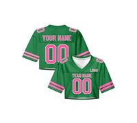 Personalised American Football Jersey Crop Tops for Women Customised Rugby Jersey with Name, Number, Team Logo Hip Hop V-Neck Tee Streetwea #023 A-Green