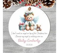 Personalised Angel Baby Christmas Tree Decoration - Custom Teddy Bear Wings Hanging Bauble For Baby Boy Baby Girl Born Sleeping Keepsake (With Presents - White, MDF Wood - Indoor Use Only)