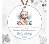 Personalised Angel Baby Christmas Tree Decoration - Custom Teddy Bear Wings Hanging Bauble For Baby Boy Baby Girl Born Sleeping Keepsake (With Baubles - Snowflake, Acrylic - Indoor & Outdoor Use)