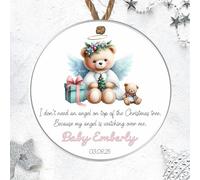 Personalised Angel Baby Christmas Tree Decoration - Custom Teddy Bear Wings Hanging Bauble For Baby Boy Baby Girl Born Sleeping Keepsake (With Presents - White, Acrylic - Indoor & Outdoor Use)