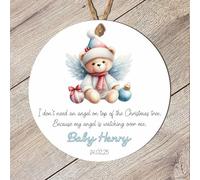 Personalised Angel Baby Christmas Tree Decoration - Custom Teddy Bear Wings Hanging Bauble For Baby Boy Baby Girl Born Sleeping Keepsake (With Baubles - Snowflake, MDF Wood - Indoor Use Only)