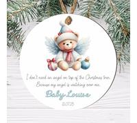 Personalised Angel Baby Christmas Tree Decoration - Custom Teddy Bear Wings Hanging Bauble For Baby Boy Baby Girl Born Sleeping Keepsake (With Baubles - White, MDF Wood - Indoor Use Only)
