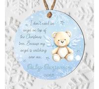 Personalised Angel Baby Christmas Tree Ornament - Bear with Wings Angel Quote Hanging Bauble - Custom Name & Date Keepsake Tree Decoration (Blue, MDF Wood - Indoor Use Only)