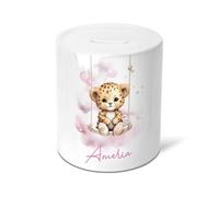 Personalised Animals on Swing Christening Money Box - Ceramic Piggy Bank for Newborn, Baby, Toddler or Child - Pink Theme Leopard