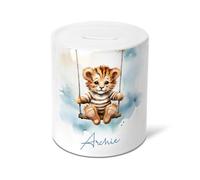 Personalised Animals on Swing Christening Money Box - Ceramic Piggy Bank for Newborn, Baby, Toddler or Child - Blue Theme Tiger