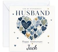 Personalised Anniversary Card for Husband | Navy Blue Heart Collage Card for Him | Add His Name | Modern Husband Anniversary Card with Optional Inside Message (Design 07)