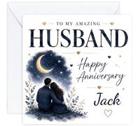 Personalised Anniversary Card for Husband | Romantic Moon & Night Sky Card for Him | Add His Name | Husband Anniversary Card with Optional Printed Inside Message (Design 04)